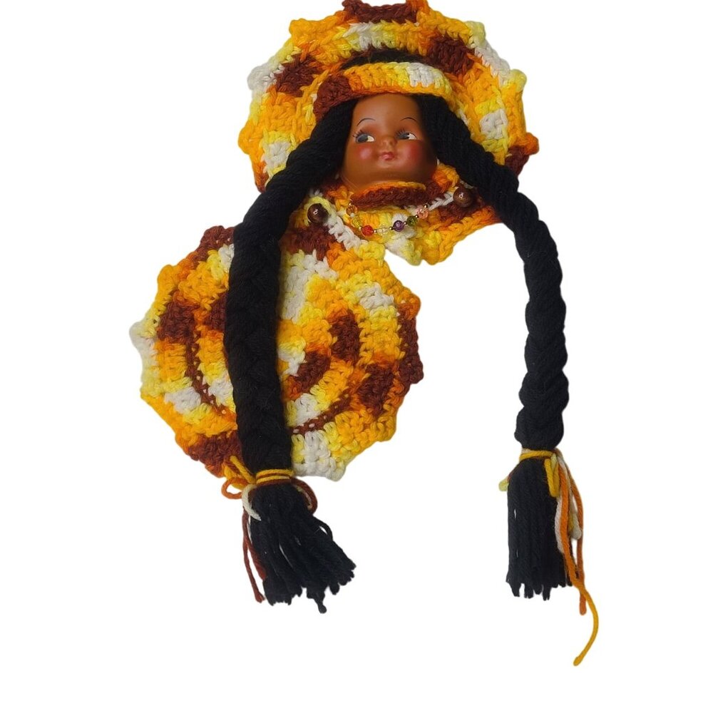 Handmade Crochet Doll Face Head Native American Indian Girl Hot Pad Pot Holder